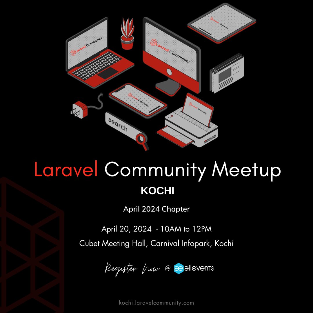 LaravelKochi's tweet image. Hello Artisans,

Our next meetup is happening on April 20, 2024, at 10 AM, at Infopark, Kochi.
Mark your calendars and get ready for another meetup packed with insights and networking 
#LaravelKochi #Meetup #SaveTheDate

Book your tickets: bit.ly/lck1