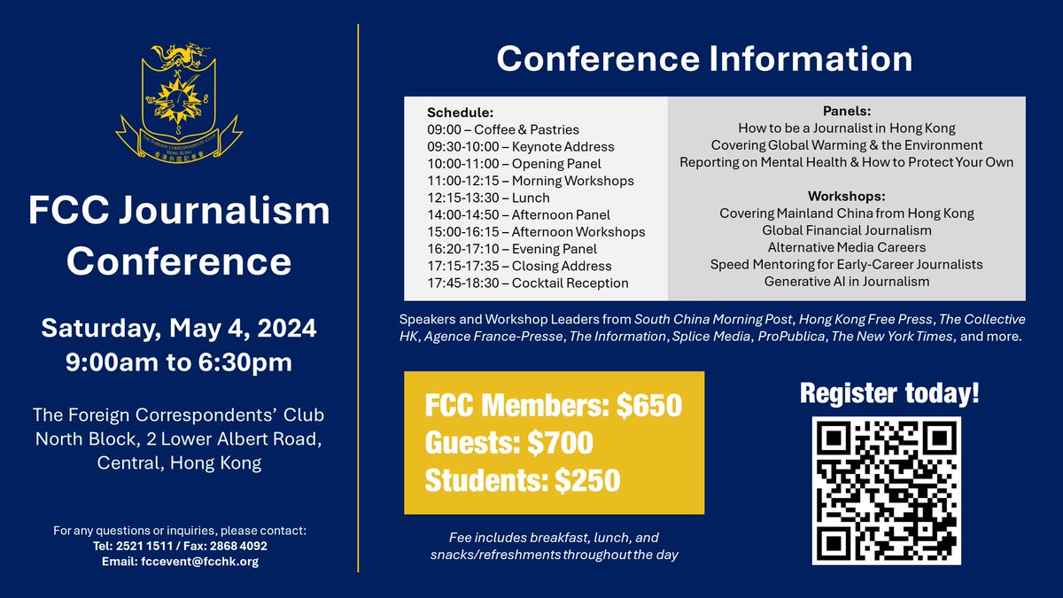 The FCC's highly anticipated Journalism Conference will be held on May 4, 2024 (Saturday) from 9am to 6:30pm. This full-day event will feature panels and workshops with speakers from @SCMPNews , @hkfp , @AFP , @nytimes , and many more! Register here: form.jotform.com/241020850362444