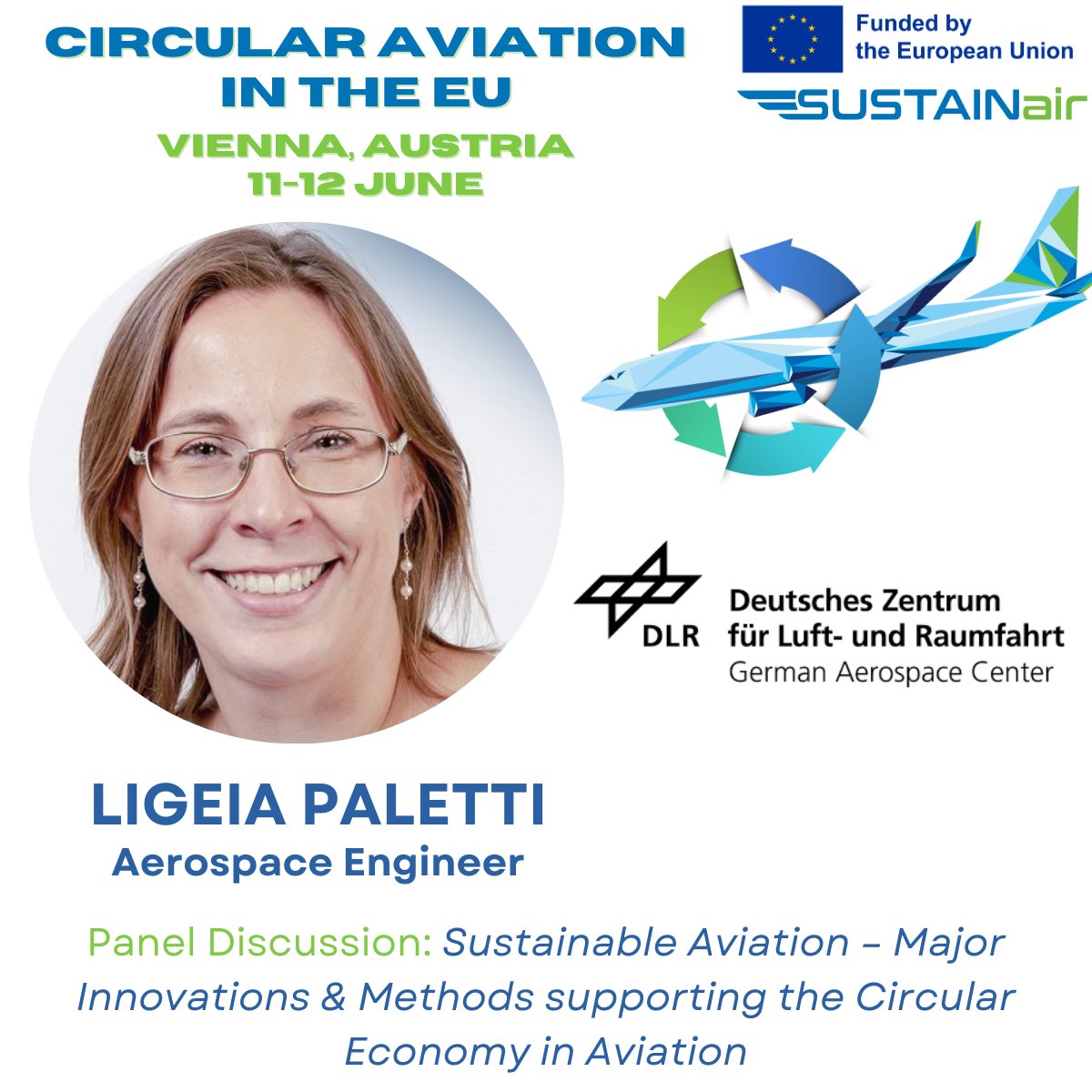 🌍✈️ For our upcoming event on we are thrilled to have Ligeia Paletti as a distinguished speaker! Ligeia Paletti is an aeronautical engineer and a leading expert in circular aviation. She is now working for and representing the @DLR_de @DLR_en REGISTER: bit.ly/3TTqh3X