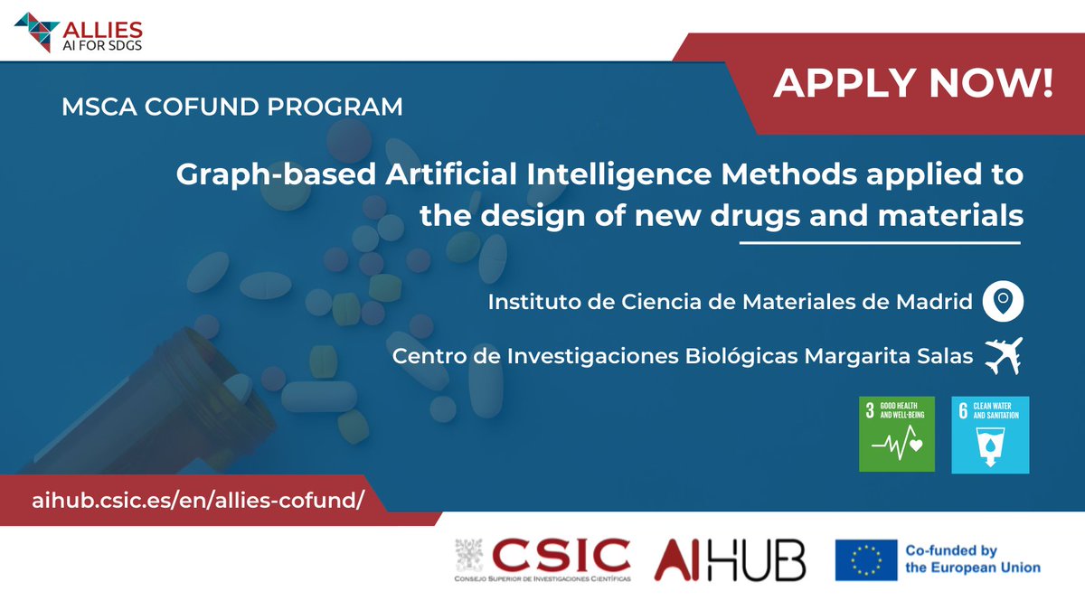 💡 We're hiring in #ALLIESforSDG! 💊Graph-based Artificial Intelligence Methods for new drugs and materials design! 👥 Advisors: Eduardo Hernández (@icmm_csic) & Nuria Campillo (@CIB_CSIC) 🗓️Deadline to apply: 01/06/2024 More information at aihub.csic.es/en/all12-first…
