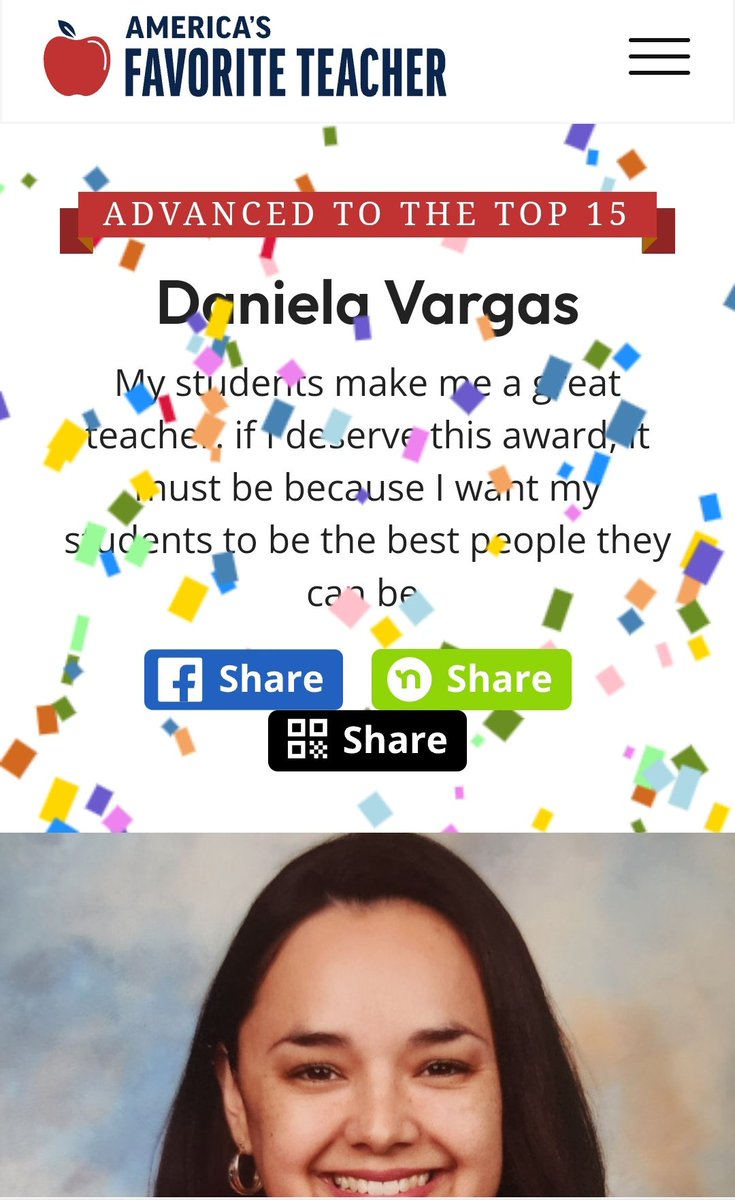 Daniela Vargas (@dani_vargas_m) on Twitter photo I made it to the next phase again!!!🥳😍❤️ Thank you so much, everyone!!! You can keep voting here⤵️
americasfavteacher.org/2024/daniela-v…
<a href="/ParticipateLrng/">Participate Learning</a> @CCSEquity <a href="/HowardHallElem/">Howard Hall</a> #unitingourworld <a href="/CumberlandCoSch/">Cumberland County Schools</a> I made it to the next phase again!!!🥳😍❤️ Thank you so much, everyone!!! You can keep voting here⤵️
americasfavteacher.org/2024/daniela-v…
<a href="/ParticipateLrng/">Participate Learning</a> @CCSEquity <a href="/HowardHallElem/">Howard Hall</a> #unitingourworld <a href="/CumberlandCoSch/">Cumberland County Schools</a>