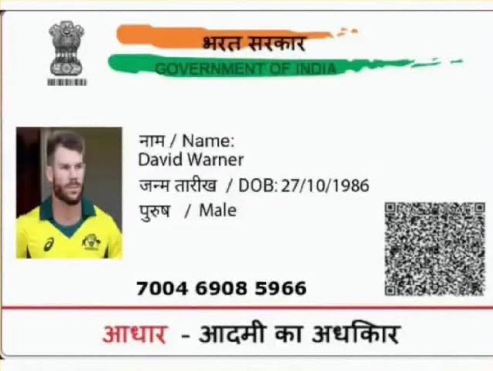 @CRED_club Aadhar card for @davidwarner31 #credad 😆😆😆