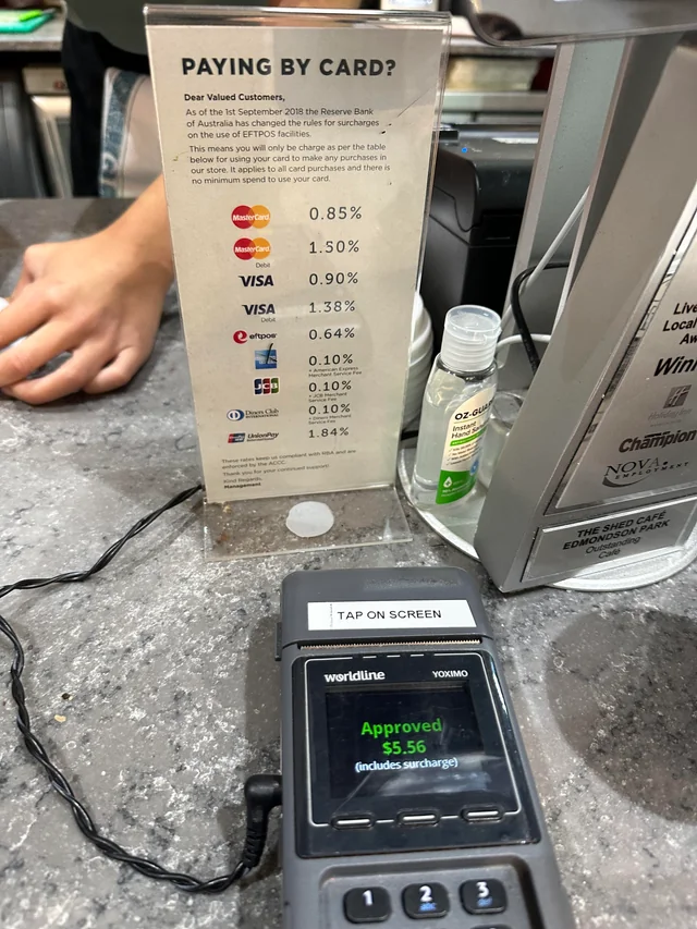 If consumers are going to be surcharged different amounts depending on card, how will merchants communicate this to consumers? Picture is from Aus & would slow down the payment process Aus bans'excessive' surcharges but I would guess many merchants don't know cost by card type