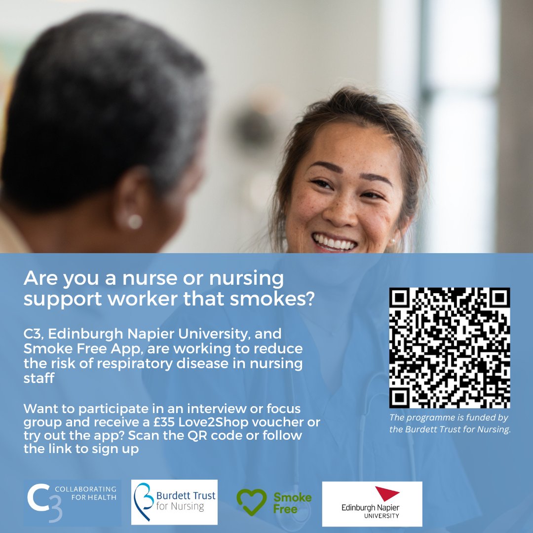 Are you a nurse or nursing support staff that smokes and want the chance to get a £35 Love2Shop voucher? Sign up by scanning the QR & help us combat respiratory disease! @EdinburghNapier @thesmokefreeapp @BurdettTrust @thisismichaela @HelenDon_RN