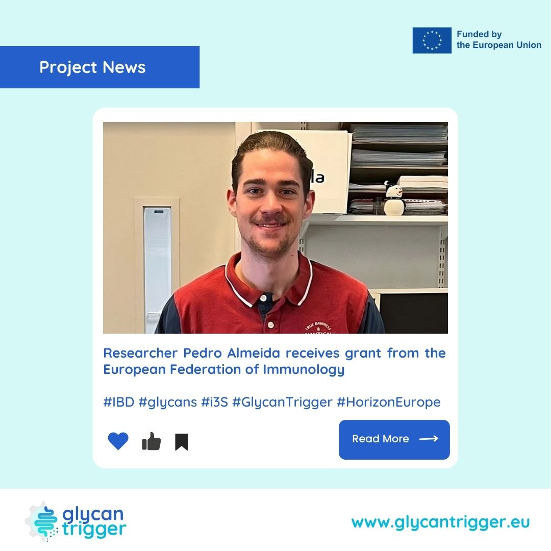 🎉Exciting news! Pedro Almeida was awarded an Immunology Letters Short-term Fellowship grant to study glycan changes in IBD 🧪He will conduct his research for 3 months at the Leiden University Medical Centre, investigating glycans in gut mucosa as part of @GlycanTrigger