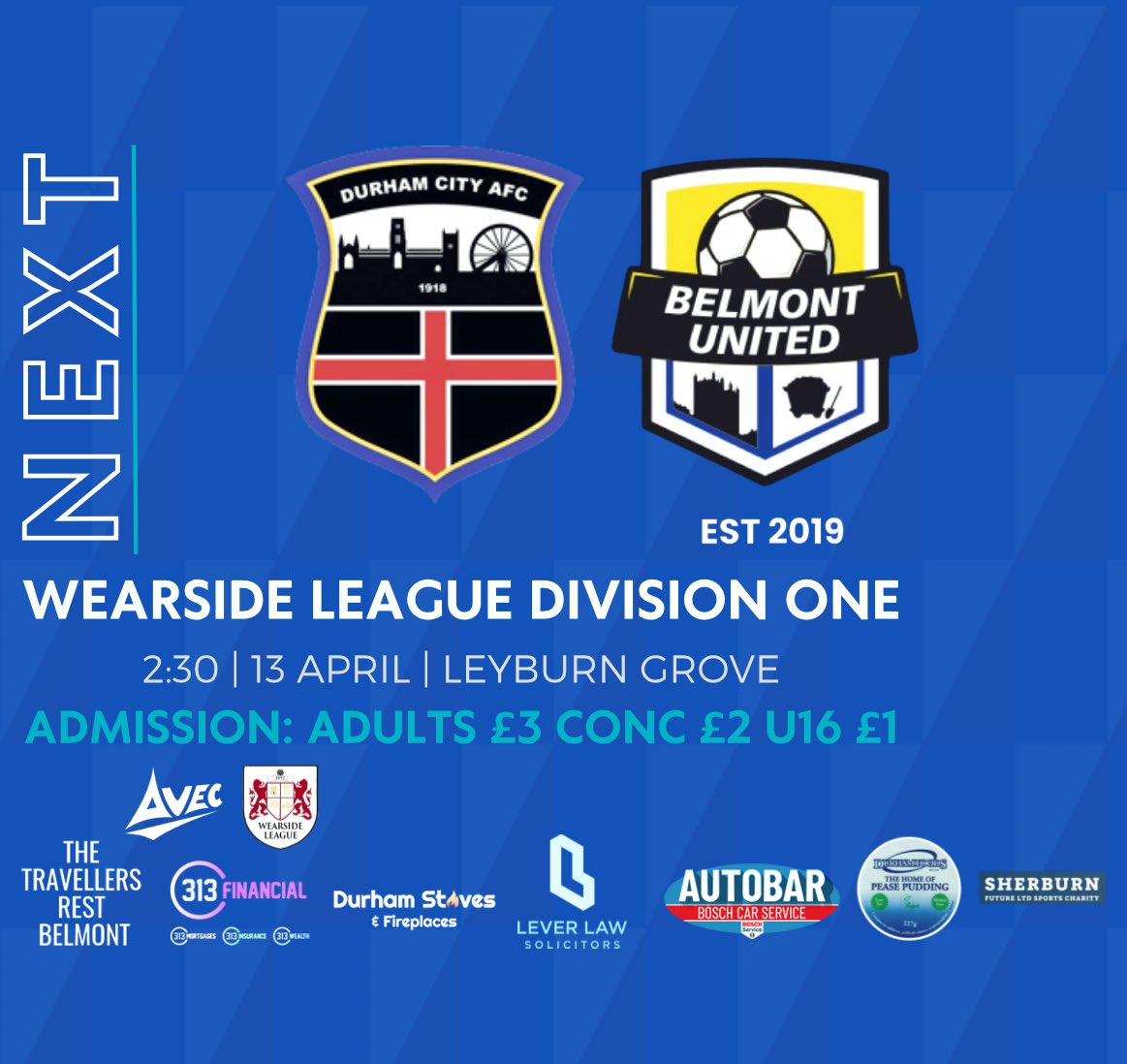 ⏳ | 𝐍𝐄𝐗𝐓 𝐔𝐏 

After a couple of unplanned weeks off we’re back in action in the league tomorrow.

Pop along and support the lads as we look to move back into the top 2.

📊 @WearsideLeague Division 1
🆚 Durham City AFC
🏟️ Leyburn Grove, DH4 5EG
⏰ 2:30PM

#UTB | 🟦🟨