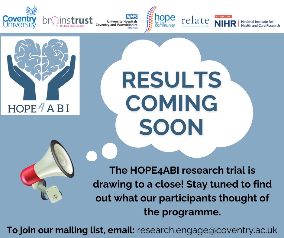 Dr Hayley Wright (@hayleymwright) on Twitter photo Our #HOPE4ABI feasibility RCT is almost finished! Stay tuned for participant #feedback on the #sexual and #mental #wellbeing support received as part of the 8-week #digital programme🧠🫶
<a href="/CovUni_CIH/">Centre for Intelligent Healthcare</a> <a href="/HOPE4TC/">Hope For The Community CIC</a> <a href="/HeadwayUK/">Headway - the brain injury association</a> <a href="/RelateCoventry/">Relate C&W</a> <a href="/brainstrust/">brainstrust</a> <a href="/UHCW_RandD/">R&D at UHCW</a> <a href="/NIHRresearch/">National Institute for Health and Care Research</a> Our #HOPE4ABI feasibility RCT is almost finished! Stay tuned for participant #feedback on the #sexual and #mental #wellbeing support received as part of the 8-week #digital programme🧠🫶
<a href="/CovUni_CIH/">Centre for Intelligent Healthcare</a> <a href="/HOPE4TC/">Hope For The Community CIC</a> <a href="/HeadwayUK/">Headway - the brain injury association</a> <a href="/RelateCoventry/">Relate C&W</a> <a href="/brainstrust/">brainstrust</a> <a href="/UHCW_RandD/">R&D at UHCW</a> <a href="/NIHRresearch/">National Institute for Health and Care Research</a>