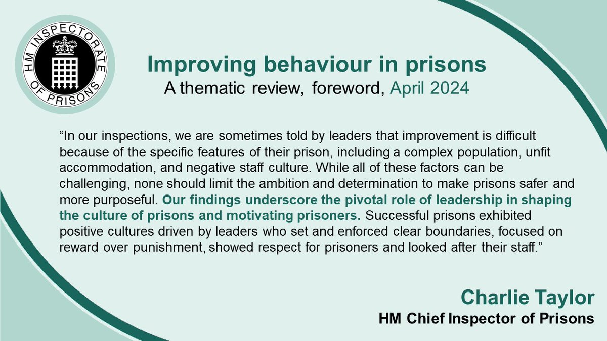 Earlier today, we published our new thematic review 'Improving behaviour in prisons'. 'Our findings underscore the pivotal role of leadership in shaping the culture of prisons and motivating prisoners'