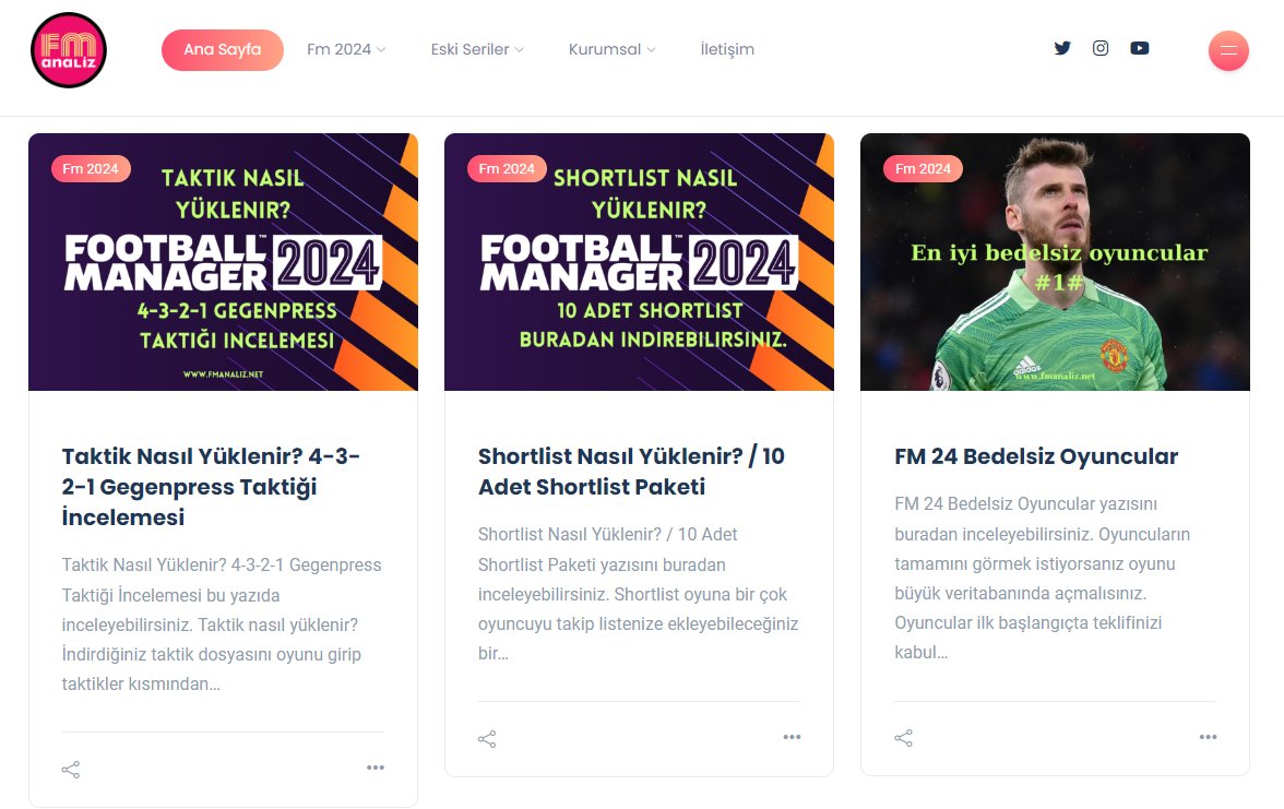 fmanaliz.net ✅Uzun zamandır planladığım fmanaliz.net Football Manager Blog sitesi açılmıştır. ✅Site içeriğinde Oyuncu Önerileri, Kariyer Önerileri, Taktikler, Temalar ve bir çok şey olacaktır. ✅Şu an için 14 adet yazı yazdım. Zamanla site içeriği daha…