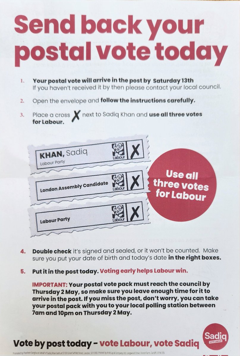 Watch out for your postal ballot papers dropping through your letterbox. Make sure you use all your three votes for #Labour @SadiqKhan @KrupeshHirani @UKLabour a vote for @SadiqKhan will build a fairer, safer , greener London for everyone.