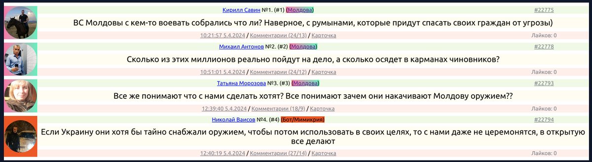 The first farm of bots that publish posts against #Moldova's European integration and criticize the country's authorities has appeared in the Russian social network VKontakte. There are now at least 24 accounts in the bot farm. The first ones started working a year ago, but in…