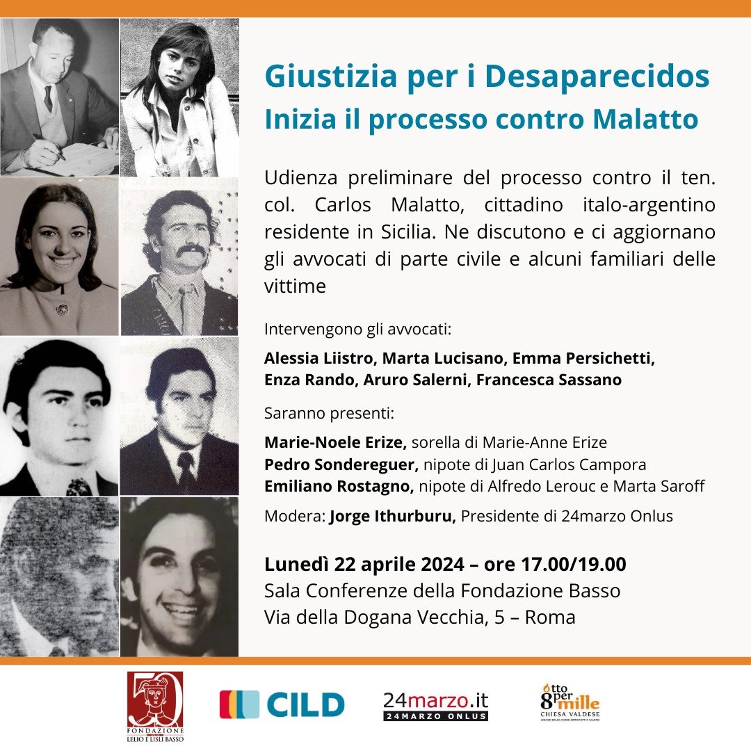 Lunedì #22aprile ci vediamo a Roma per parlare del processo al militare italo-argentino #CarlosMalatto accusato dell'omicidio premeditato di otto persone negli anni della dittatura civico-militare argentina Ore 17 Fondazione Basso, via della Dogana vecchia Info nella locandina 👇