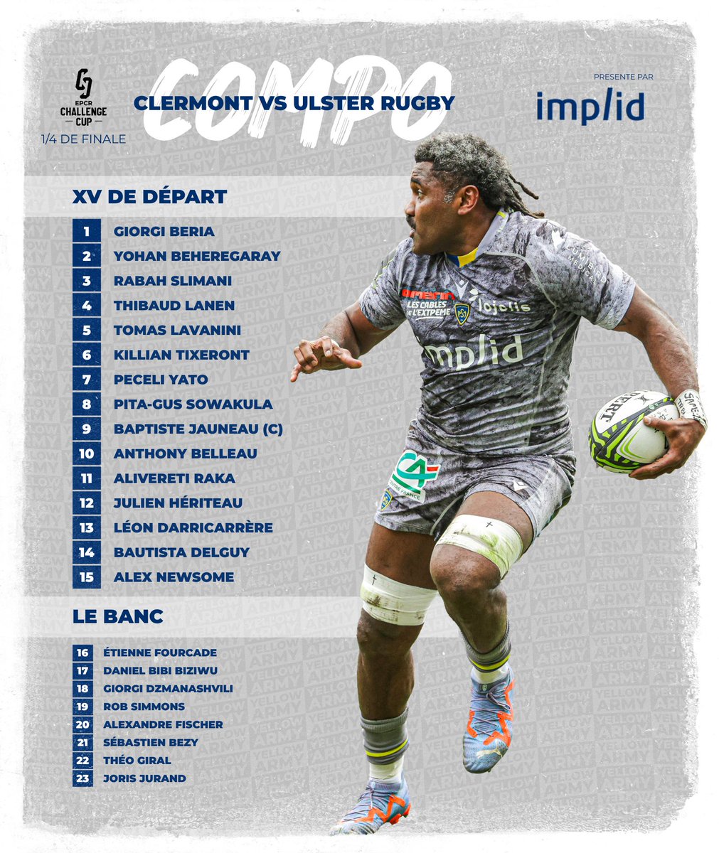 📢 𝙇𝙖 𝘾𝙤𝙢𝙥𝙤 💛💙 Des permutations dans le groupe face à l @UlsterRugby 📍Samedi à 13h30 au #Michelin #QFs @ChallengeCup_ 👉 plus d'infos asm-rugby.com #ASMvULS | #YellowArmy