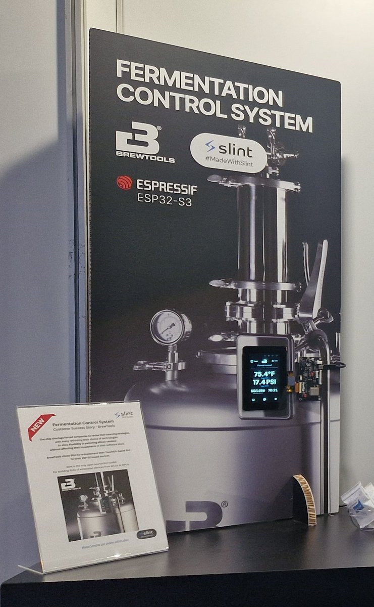 At #EmbeddedWorld we proudly showcased how our customer #BrewTools is using Slint to create a modern, stylish control panel on an #ESP32-S3 MCU for their fermentation control system. 🍺  #MadeWithSlint #espressif #ew24