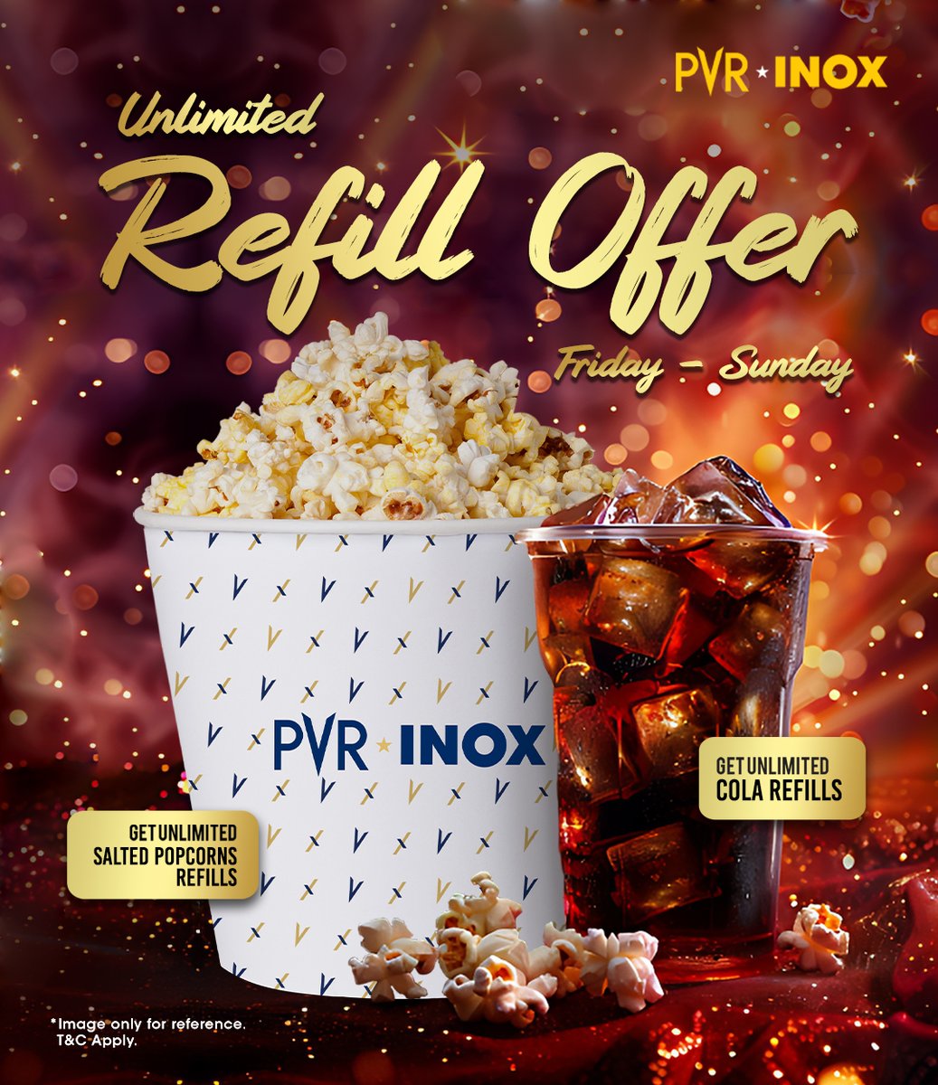 Weekends are now more delicious than ever! 📷📷Dive into some quality entertainment with unlimited refill offer from Friday to Sunday. Get unlimited salted popcorn and cola refills to keep the excitement going! 📷📷 . . . #UnlimitedRefillOffer #Tasty #PVRTreats #UnlimitedRefills