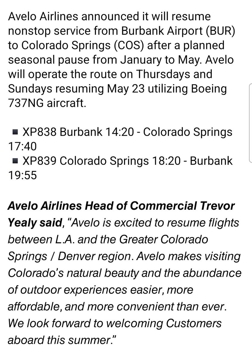 #AveloAirlines announced it will resume nonstop service from #Burbank Airport (BUR) to #ColoradoSprings (COS). #Avelo will operate the route on Thursdays and Sundays resuming May 23. 📷©Avelo Airlines #Colorado #LosAngeles #California #aviation #AvGeek #avgeeks #flights #Travel