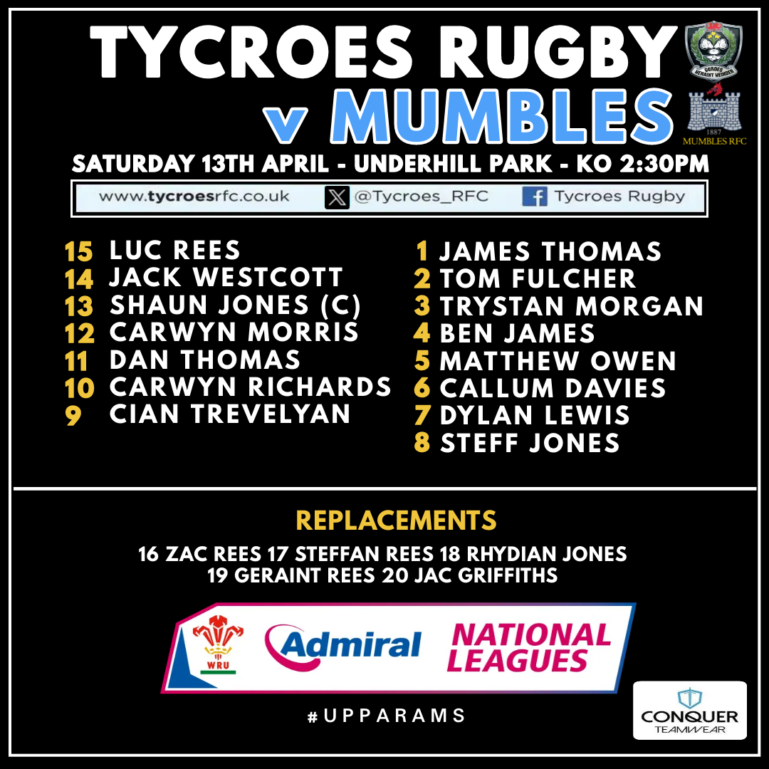 🚨 𝗧𝗘𝗔𝗠'𝗦 𝗨𝗣 🚨 Here's how we lineup for tomorrow's Admiral 2 West encounter against Mumbles 🏖️ 5⃣ Changes from last weekend 🔁 Carwyn Morris starts at 12 | Tom Fulcher wears 2 ©️ Centre Shaun Jones captains the side