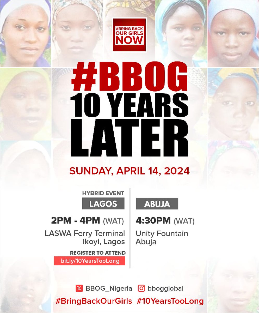 #10yearstoolong #BringBackOurGirls 
Join us for commemorative events in Lagos and Abuja as we continue to remember the girls who have not been accounted for.