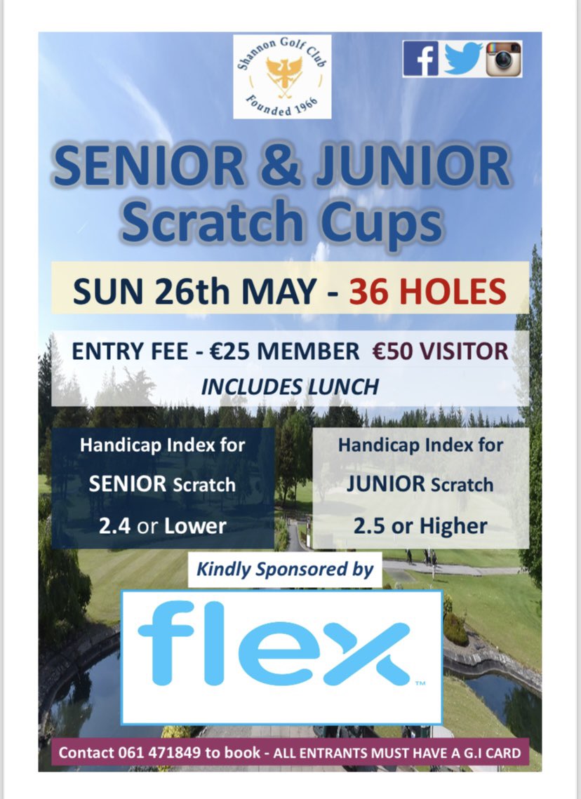 It’s Scratch Cup time 💪 so save the date. Many thanks to <a href="/Flexintl/">Flex</a> for sponsoring this event over the last few years, it ensures we can host 36 hole scratch cups <a href="/GolfShannon/">ShannonGolfClub</a> <a href="/OpenGolfIreland/">Open Golf Ireland (O.G.I.)</a> <a href="/kevinmarkham/">Kevin Markham</a> <a href="/amateur_info/">Irish Amateur golf info</a> <a href="/IrishGolfDesk/">Brian Keogh</a> <a href="/ScratchCups/">Scratch Cups Ireland</a> <a href="/jgtibrendan/">Claregolf</a> #scrathcups