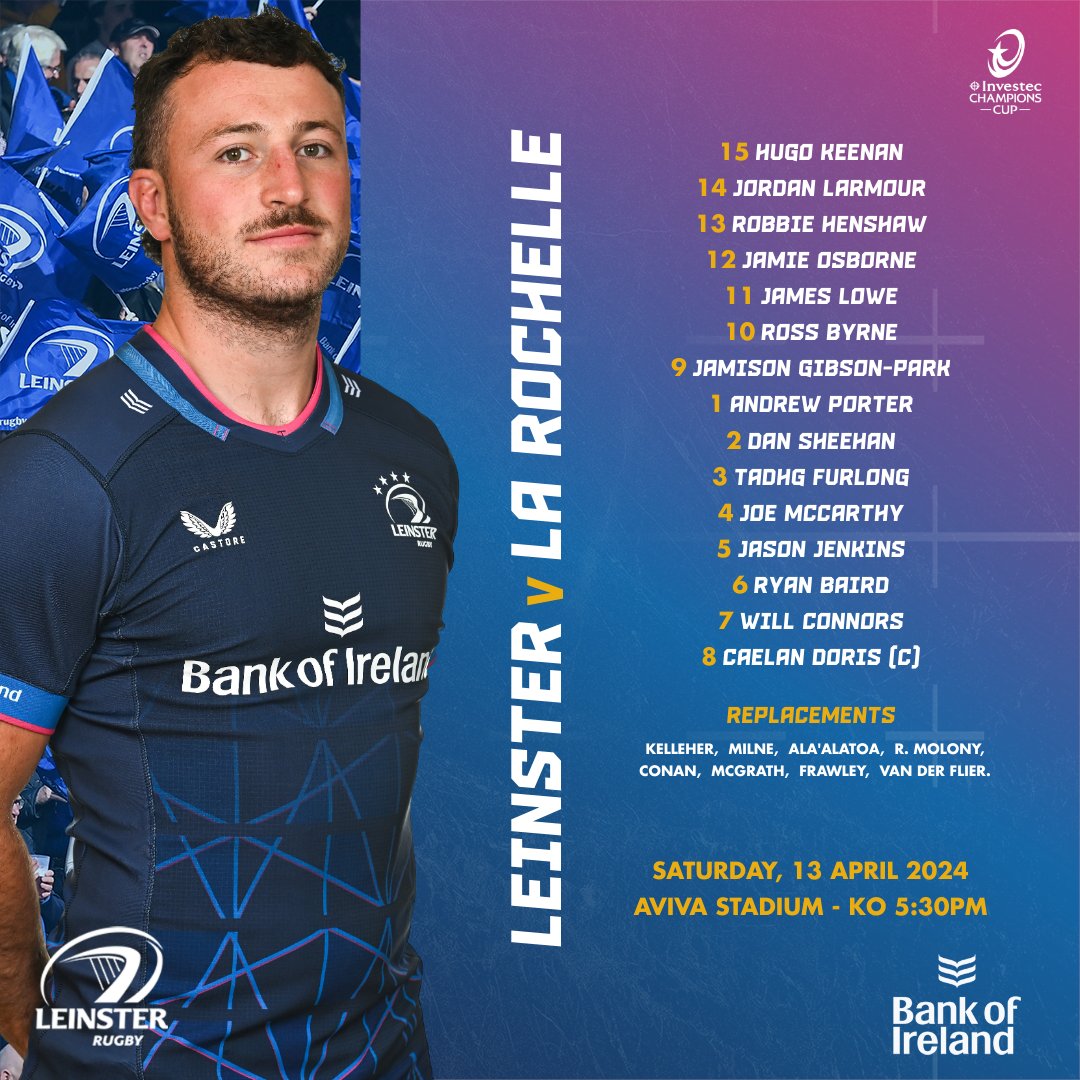 Reminder! This is the Leinster Rugby team that will take on La Rochelle tomorrow evening. 💪 #LEIvSR #FromTheGroundUp