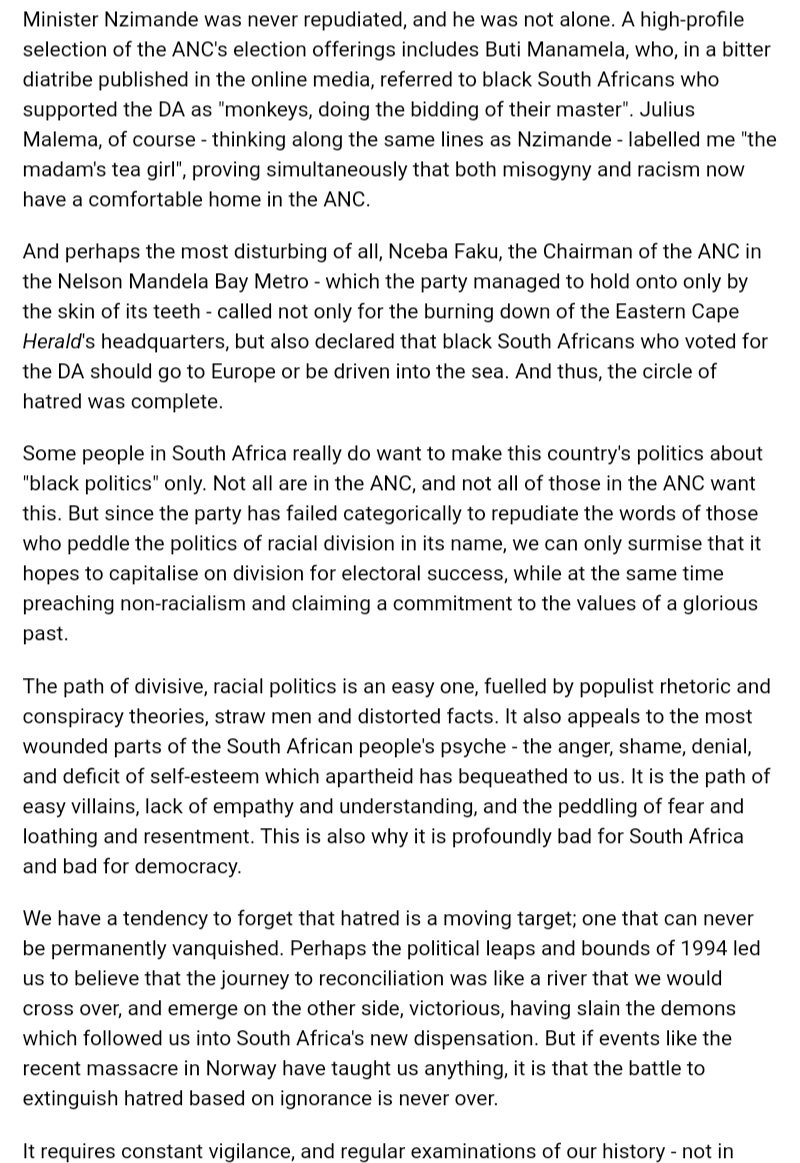 @Rise_Mzansi @AxolileNotywala Your letter is reminiscent of the tactics employed by the ANC towards the DA every single election cycle. This is what Lindiwe Mazibuko wrote in an article published on 2.8.2011 and still relevant today- 'Race Politics in South Africa'