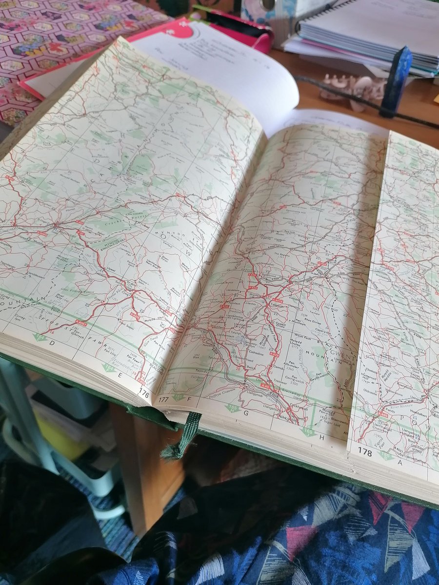 Following yesterday's research for my pocket novel set in 1988, Him  Indoors produced my Dad's old AA 'book of the road'. Does anyone remember the fold out pages? I found our village in Wales. Lovely! #DrummerBoy #PocketNovel #RNA