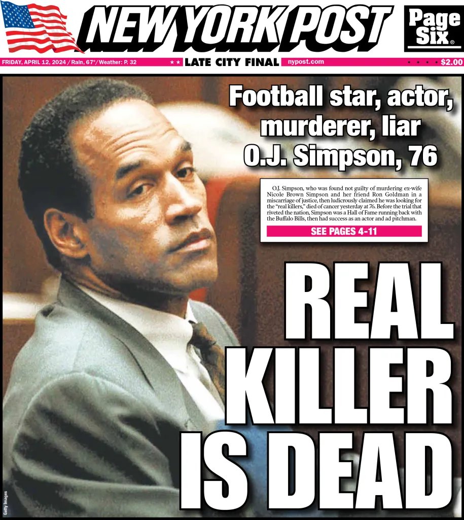 Today's cover: OJ Simpson dead at 76 following cancer battle trib.al/Axu0wg4