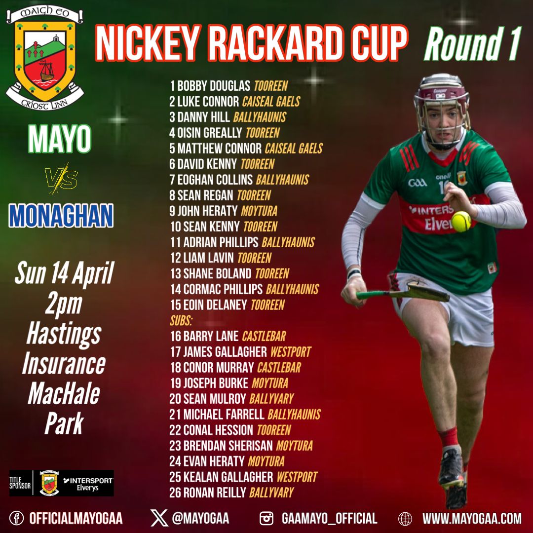 The Mayo senior Hurling panel has been named for Sunday afternoon's Nicky Rackard Championship meeting with Monaghan at Hastings Insurance MacHale Park at 2pm Team news here ⬇️ ⬇️ ⬇️ mayogaa.com/2024/04/12/may…