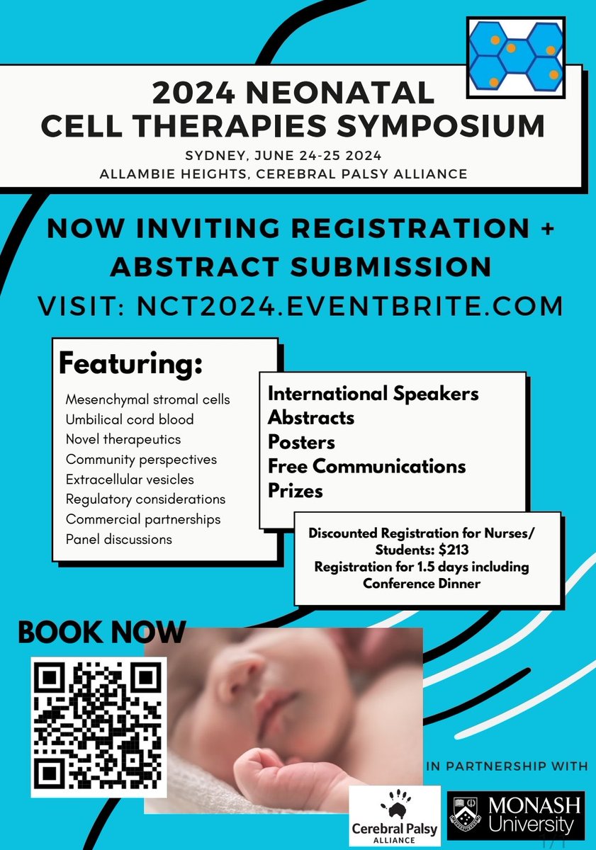 Registration and abstract submissions for the 2024 Neonatal Cell Therapies Symposium are open. 📅 24-25 June 2024 📌 @CPAllianceAU, Sydney, NSW, 🇦🇺 🌐 nct2024.eventbrite.com