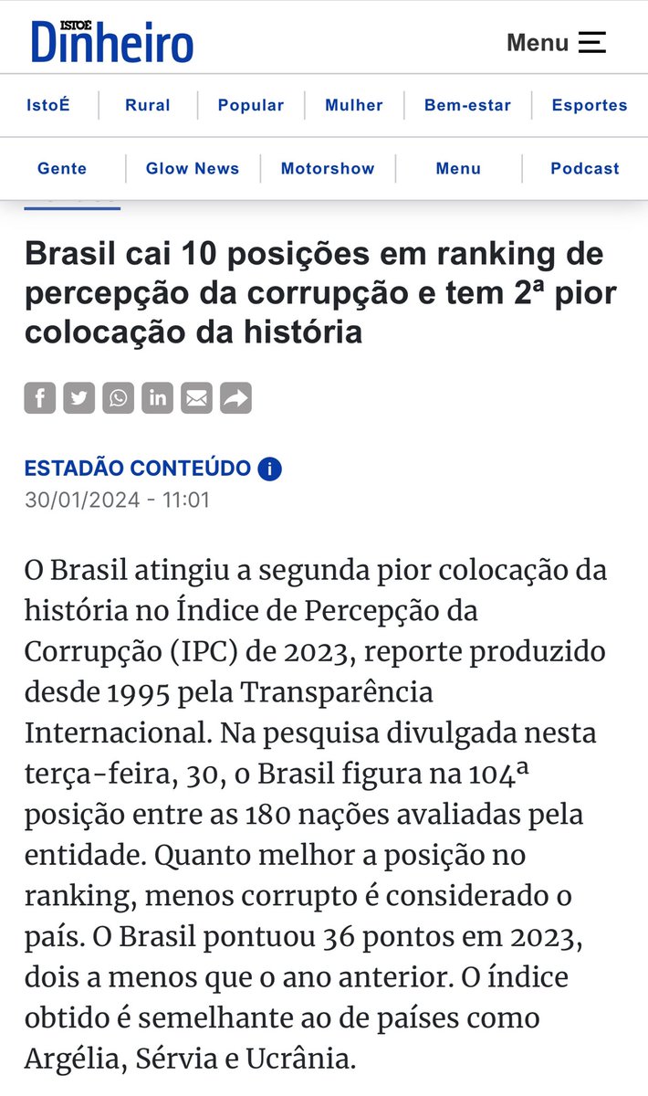 Pq será que o Brasil só cai no ranking de percepção de corrupção, né? 🤡