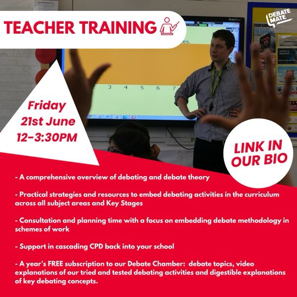 🚨 Calling all Teachers! 🚨

Join us for our next Teacher Training session on June 21st, 12-3:30pm. Embed oracy across disciplines and Key stages with Debate Mate's methodology.

Sign up now for practical CPD from £299/delegate. Discounts available!

docs.google.com/forms/d/e/1FAI…