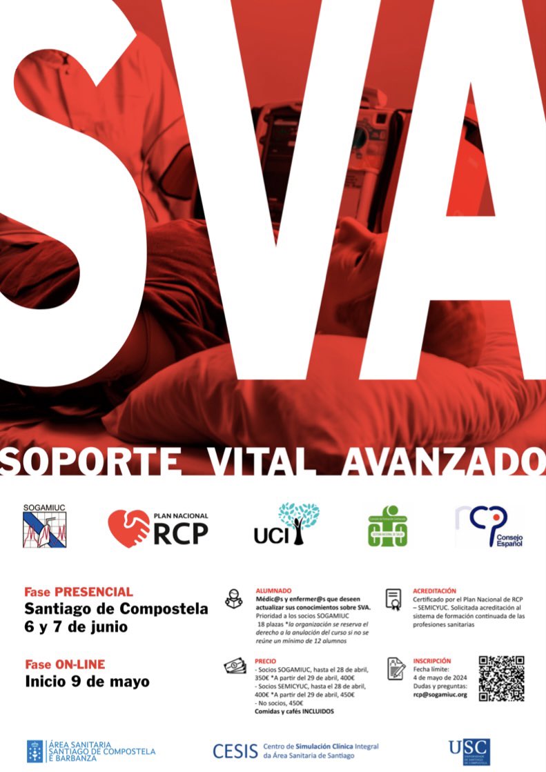 Curso de SVA del PNRCP organizado por la SOGAMIUC. 6 y 7 de junio de 2024. Dirigido a personal médico y de enfermería que desee actualizarse en SVA. Plazas limitadas. Inscripciones: docs.google.com/forms/d/1mVVml…