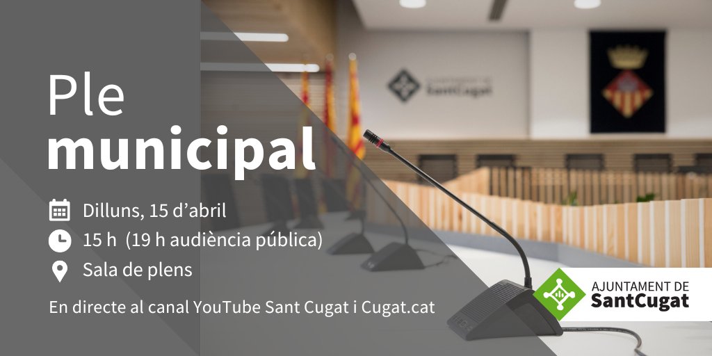 🟢El pròxim dilluns, 15 d'abril, se celebra el Ple ordinari corresponent al mes d'abril #plestc 🕐15 h 📍Sala de plens 📺En directe al canal Youtube Ajuntament de Sant Cugat @juntsxstc @ercsantcugat @Cugat_Psc @PPSantCugat @cupsantcugat @VOXSantCugat @ecp_santcugat