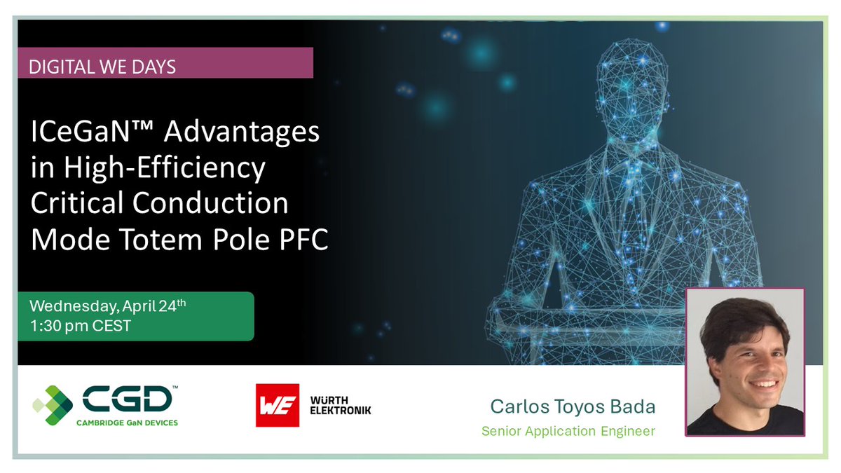 We are happy to join @we_online WE Days! Don't miss Carlos Toyos Bada's talk on the ease of use and high efficiency that ICeGaN™ devices bring in a CrCM Totem-Pole Power Factor Correction (TPPFC) converter on Wednesday, April 24. Register today! orlo.uk/XSP4A