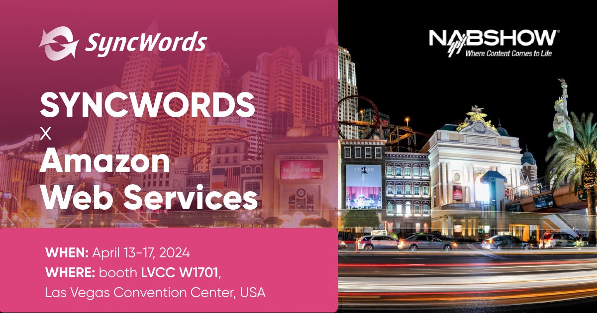 Buckle up! @syncwords is teaming up with @awscloud
at the @NABShow in Las Vegas. Join us at the #AWS booth LVCC W1701 as we feature our state-of-the-art solutions: automated live #captioning, #subtitling & audio #dubbing (aka #AI #voice #translation). Prepare to be blown away!😎