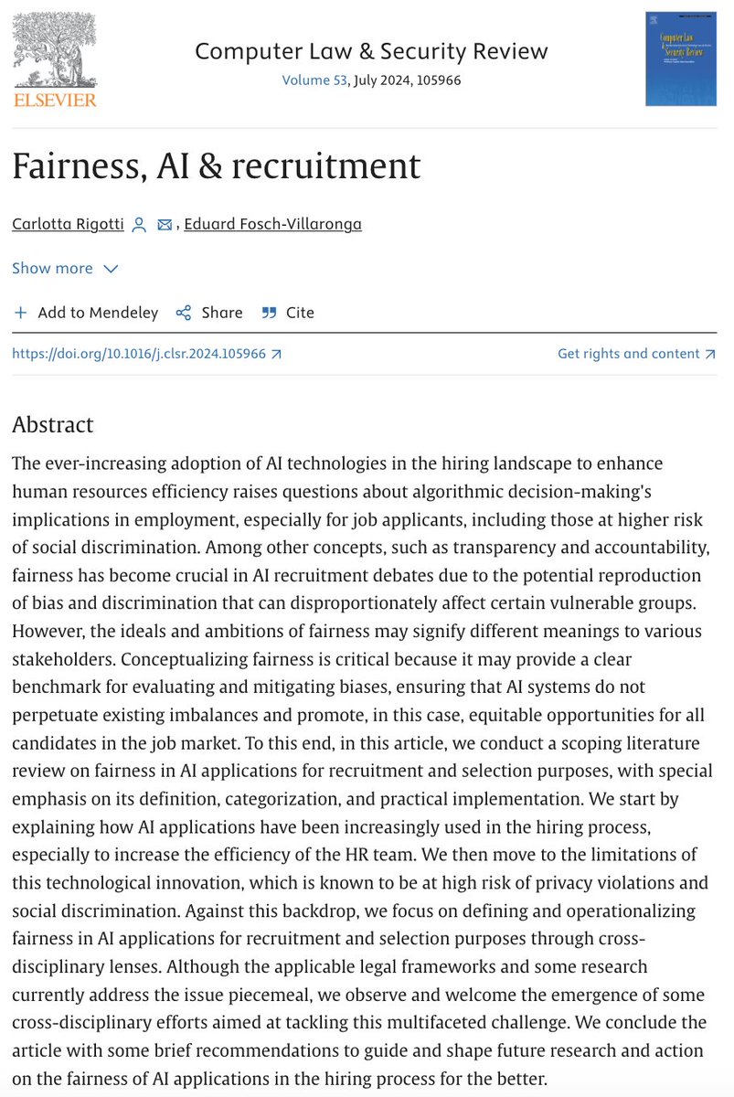 🚨New Publication! #CarlottaRigotti & @eduardfosch from @eLaw_Leiden & @BIASProjectEU publish #Fairness, #AI, & #Recruitment at @CompLawSecRev! 📝 Dive into fairness and AI and explore its implications for #developers, #HR practitioners & #workers here: sciencedirect.com/science/articl…
