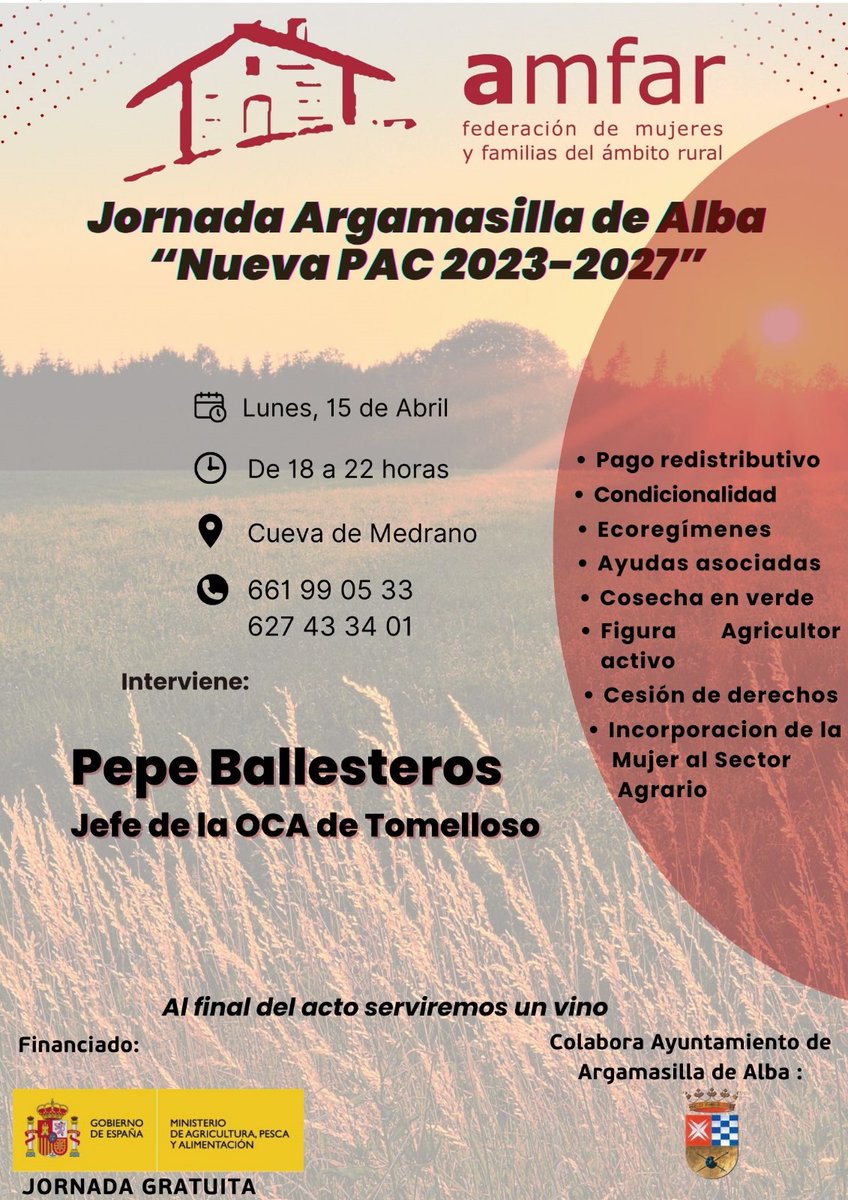 Nueva cita el próximo lunes, 15 de abril, en Argamasilla de Alba.

Jornada sobre 'Nueva PAC 2023 - 2027'.

De 18 a 22 horas en la Cueva de Medrano. Asiste, es gratuito!!
#MujeresRurales #PAC #ArgamasillaDeAlba