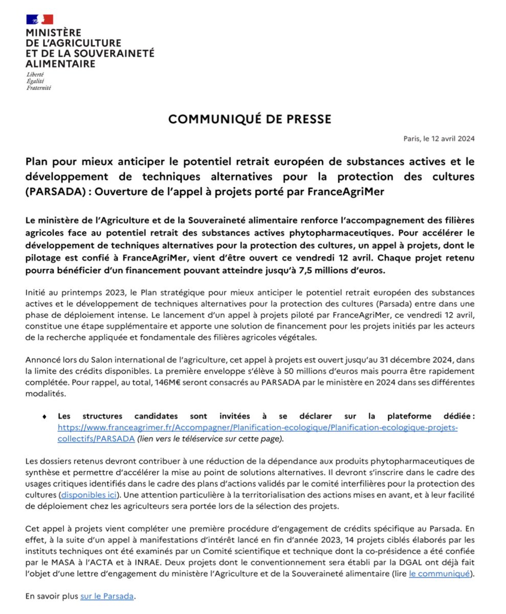 Comme annoncé au @Salondelagri, @Agri_Gouv renforce l’accompagnement des filières agricoles face au potentiel retrait des substances actives phytopharmaceutiques. Pour accélérer le développement de techniques alternatives pour la protection des cultures (PARSADA), un appel à…