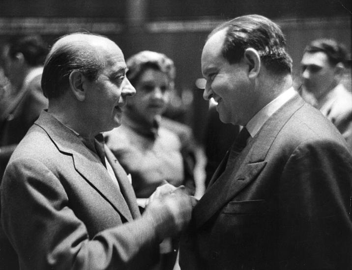 Eugene Ormandy and David Oistrakh at a Philadelphia Orchestra rehearsal in London's Royal Festival Hall, 12 April 1958: