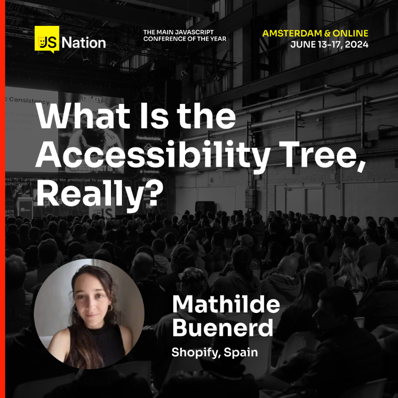 thejsnation's tweet photo. Have you ever wondered how screen readers interact with browsers to provide accessible experiences?💥

In this talk, Mathilde Buenerd, a Frontend Developer at @Shopify, will demystify 💫 the process in which browsers generate &amp; update the accessibility tree.