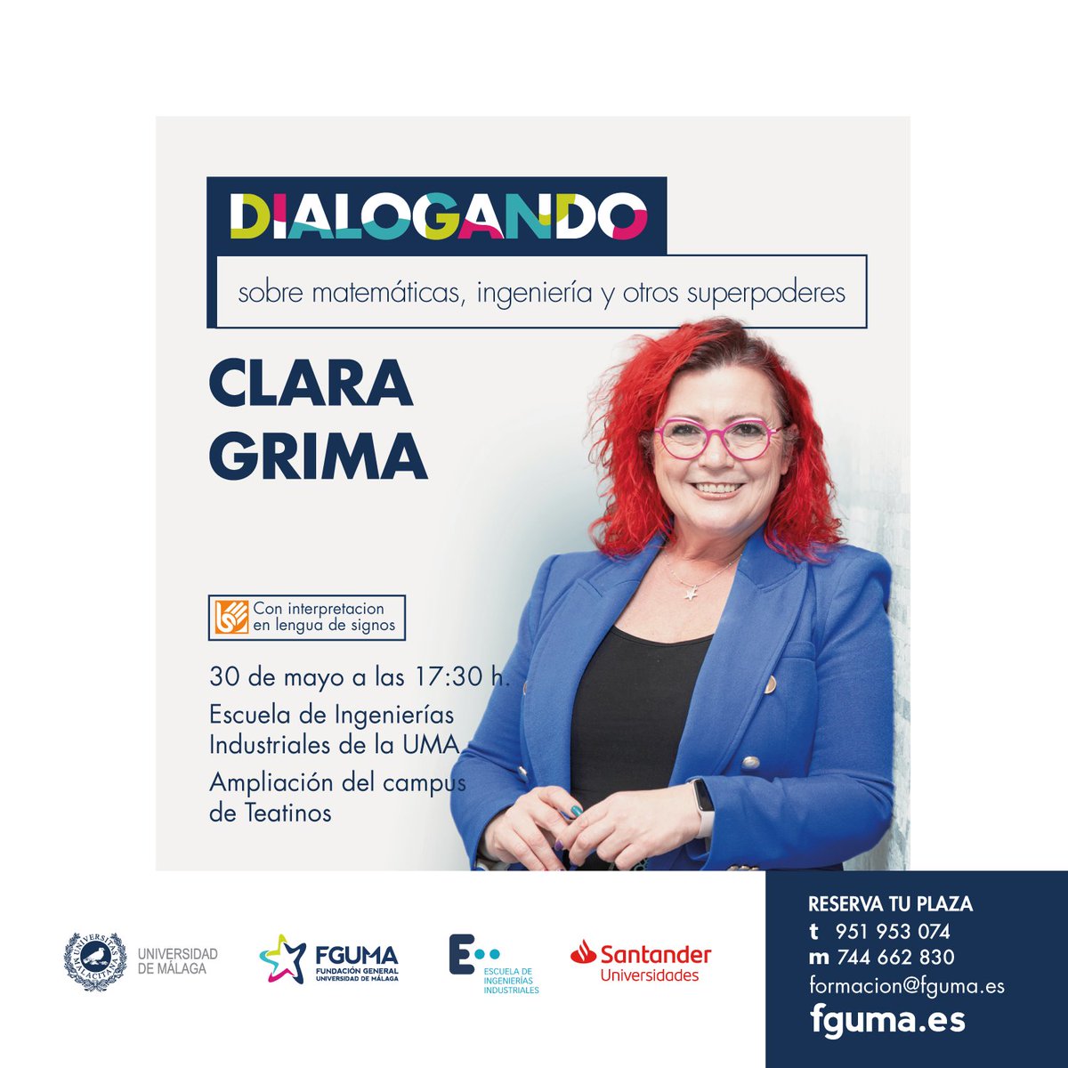 No puedes perderte el próximo #DialogandoFGUMA con Clara Grima sobre matemáticas, ingenierías y otros superpoderes 🦸 Descubre cómo las #matemáticas pueden cambiar el mundo el próximo 30 de mayo en <a href="/IndustrialesUMA/">Escuela de Ingenierías Industriales UMA</a> 

¡Inscríbete gratis! 🔽
fguma.es/dialogando-cla…