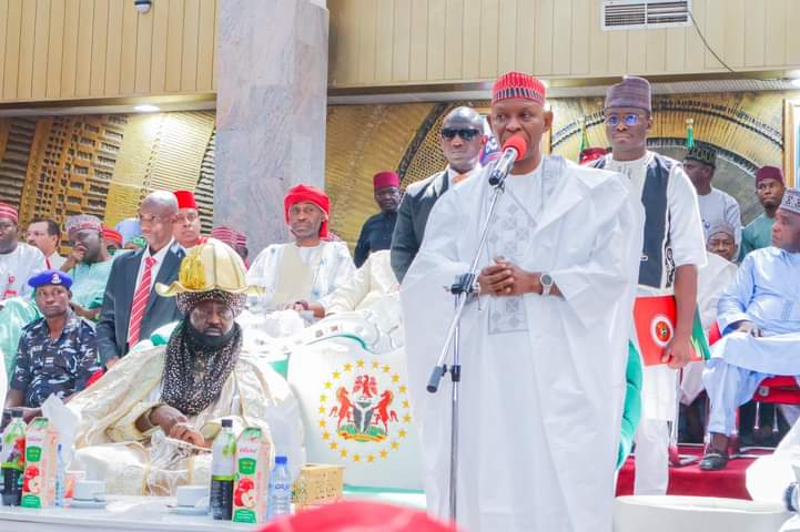 Pictures of His Royal Highness, Alh. Aminu Ado Bayero visit to the Executive Governor of Kano State, Alh. Abba K Yusuf as part of the traditional Hawan Nassarawa, today 12/4/2024, at the Kano Government House.