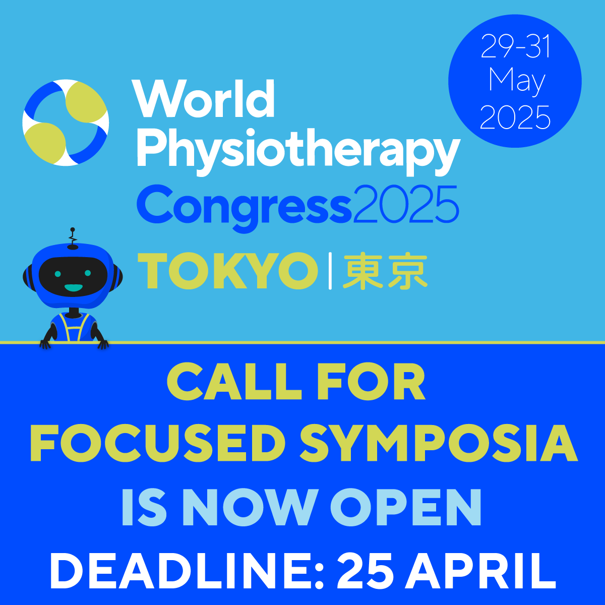 World Physiotherapy (@worldphysio1951) on Twitter photo We are offering focused symposium speaker bursaries for some physiotherapists for #WorldPhysio2025 in Tokyo
Deadline to apply: 25 Apr 2024
Find out more: ow.ly/cCTy50RbrsN
#GlobalPT <a href="/AWcpta/">Africa region of World Physiotherapy</a> <a href="/WorldPhysioAWP/">WorldPhysioAWP</a> <a href="/ERWorldPhysio/">Europe Region of World Physiotherapy 🇪🇺</a> <a href="/WorldPhysioNACR/">World Physiotherapy NAC</a> <a href="/WorldPhysioSAR/">World Physiotherapy SAR</a> We are offering focused symposium speaker bursaries for some physiotherapists for #WorldPhysio2025 in Tokyo
Deadline to apply: 25 Apr 2024
Find out more: ow.ly/cCTy50RbrsN
#GlobalPT <a href="/AWcpta/">Africa region of World Physiotherapy</a> <a href="/WorldPhysioAWP/">WorldPhysioAWP</a> <a href="/ERWorldPhysio/">Europe Region of World Physiotherapy 🇪🇺</a> <a href="/WorldPhysioNACR/">World Physiotherapy NAC</a> <a href="/WorldPhysioSAR/">World Physiotherapy SAR</a>