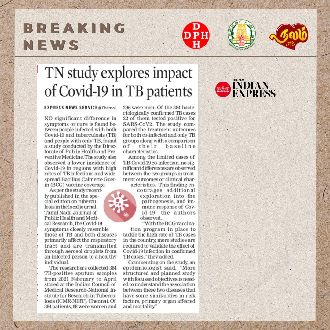 TN study explores impact of Covid-19 in TB patients !!!

Credits - @NewIndianXpress

@CMOTamilnadu @mkstalin @Subramanian_ma @DrSelvaTN @GSBediIAS @NHM_TN @UNICEFIndia @icmrnirt1 @UNDP_India @chennaicorp @icmr_nie