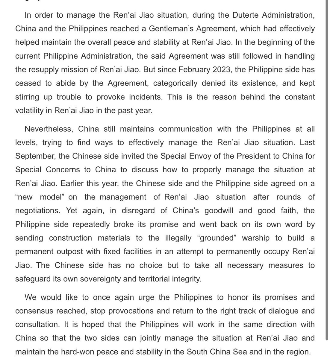 READ: The Chinese Embassy in Manila confirms that a gentleman's agreement was reached during the Duterte administration over the Ayungin Shoal situation. In a statement published on its website, the Embassy claimed that the agreement was still being followed during the early…