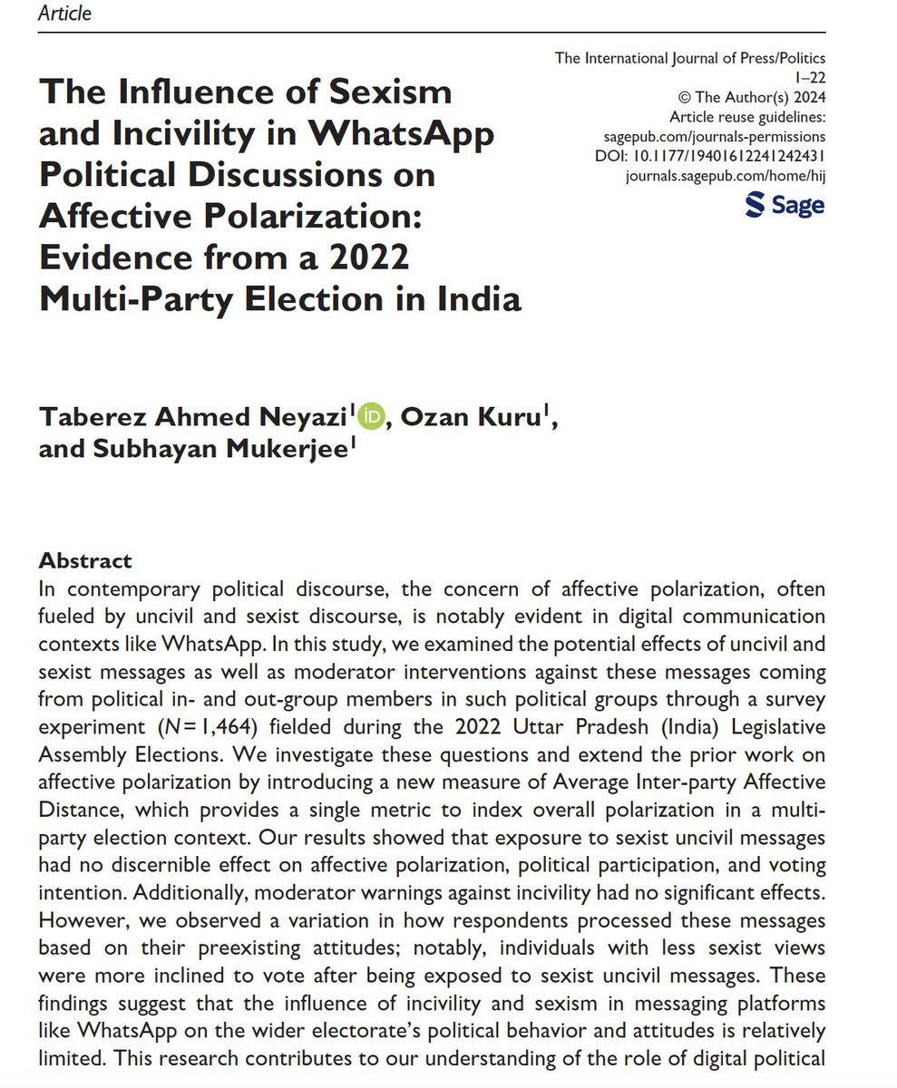 Excited to share our latest co-authored publication with @Ozan_Kuru_ @wrahool, conducted during the 2022 #UttarPradesh Legislative Assembly Elections where we explore the impact of sexist uncivil messages from WhatsApp political groups. journals.sagepub.com/doi/10.1177/19…