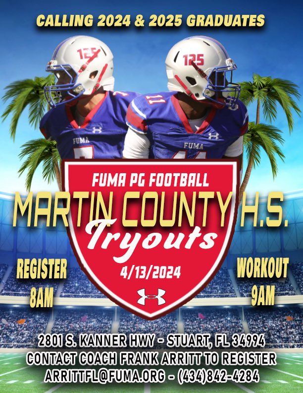 🚨🚨CALLING ALL GRADUATES IN THE FLORIDA AREA🚨🚨 EVERYONE IS WELCOME Do you have what it takes to join one of the best Postgraduate Football programs in the country? Come find out! @ Martin County High School tomorrow morning 8 a.m registration❗️