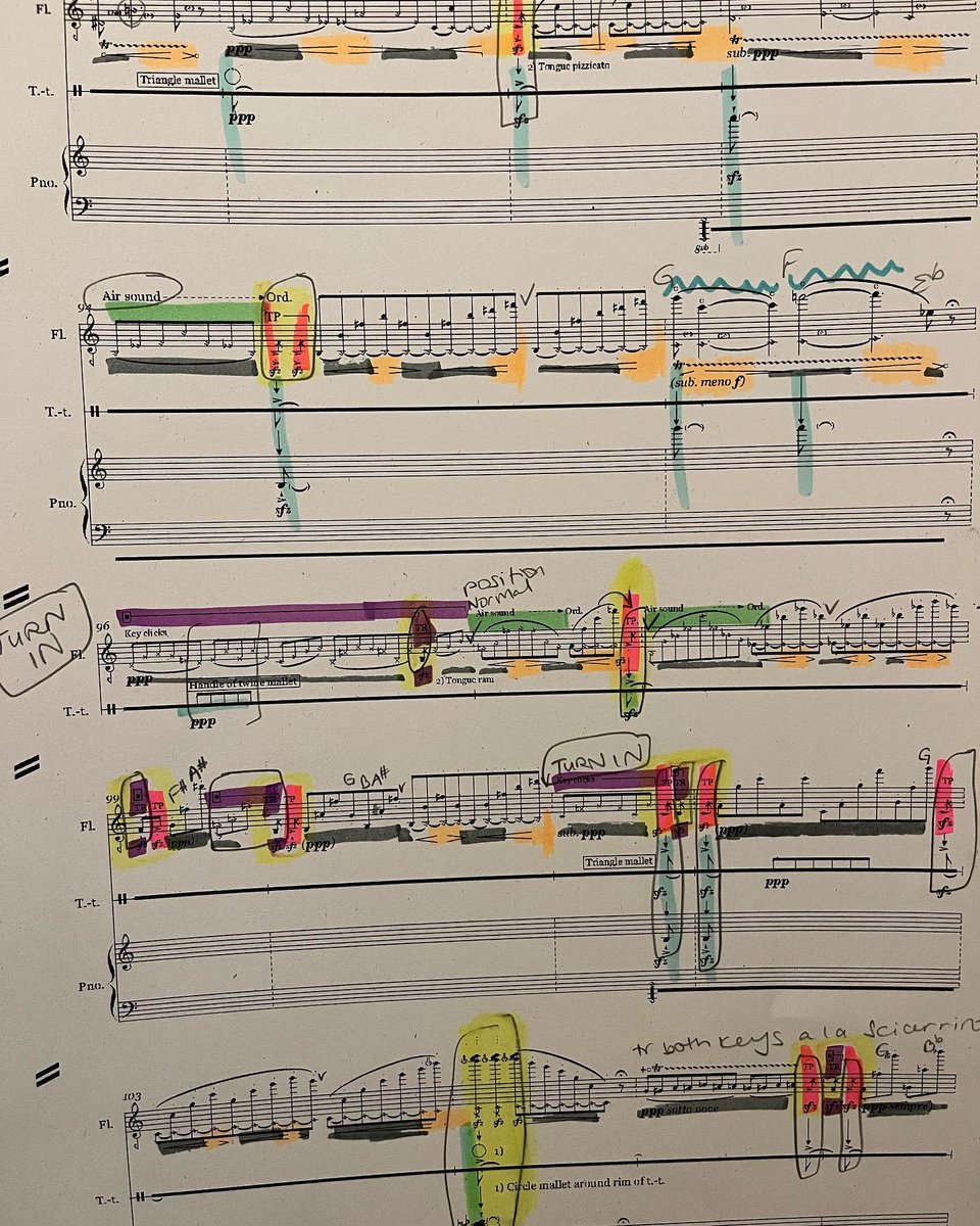 Colouring-in has commenced, starting with a 🔥 cadenza! This is ‘Rindik’ by Benjamin Graves - for solo flute (detuned a quarter-tone), percussion, piano, violin + cello. Premiere on 2 May at @rncmlive with @RiotEns!