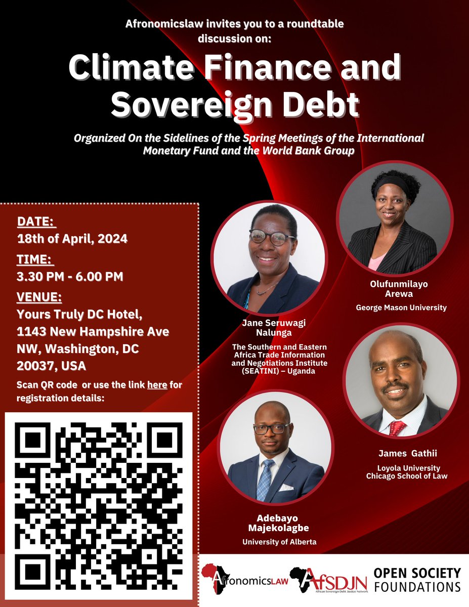 #Invitation: Afronomicslaw Event on the Sidelines of the Spring Meetings of the IMF and World Bank Group 'Climate Finance and Sovereign Debt' April 18, 2024 Time: 3:30pm - 6.00pm Venue: Yours Truly DC Hotel. Register to attend via link ⬇️ afronomicslaw.org/category/afric…