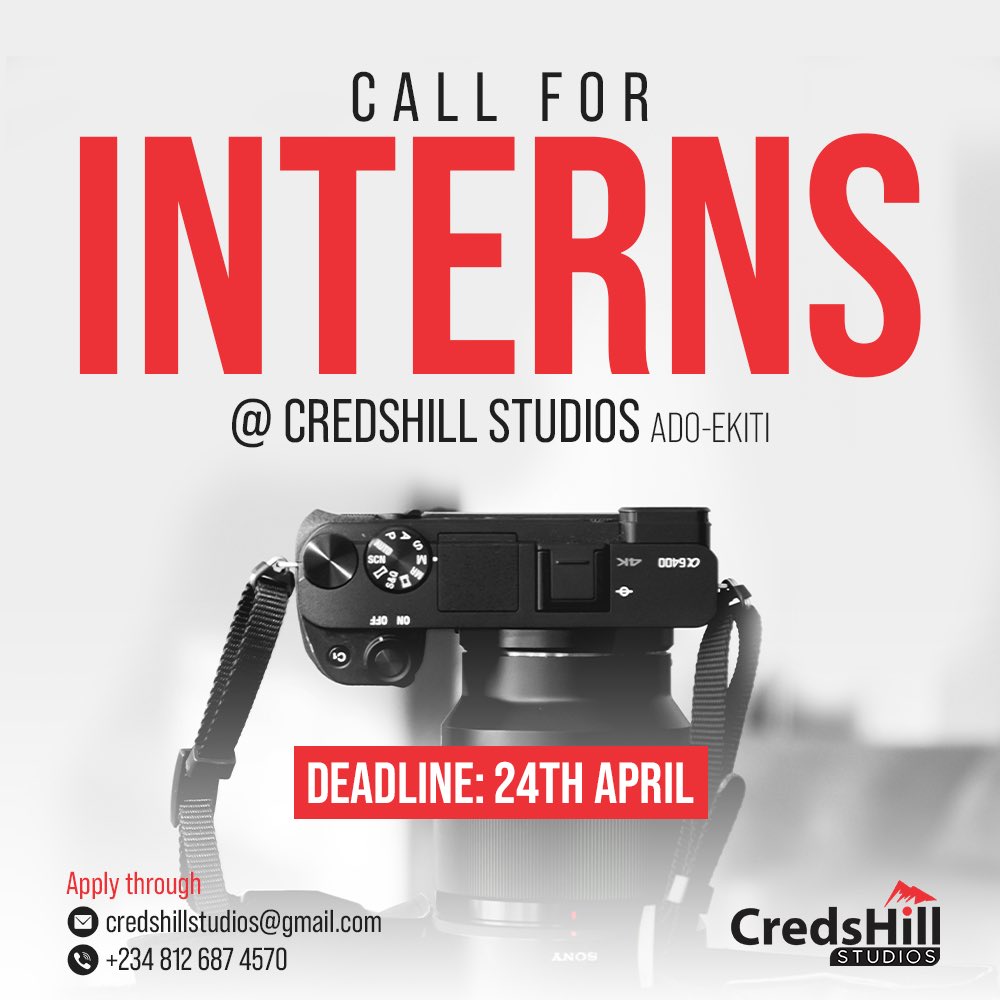 Opportunity Alert! Calling all aspiring creatives! CredsHill Studio is seeking talented interns to join our dynamic team. Apply BEFORE April 24th and kickstart your journey in multimedia production. Don't miss out! ⚡️
#InternshipOpportunity
#CredsHillStudio 
#Ekitistate